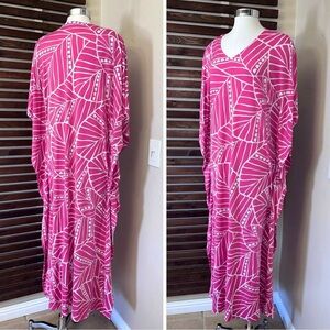 Y2K Vintage Joan Rivers Pink White Leaf Print Kaftan Caftan Hawaiian Maxi Dress